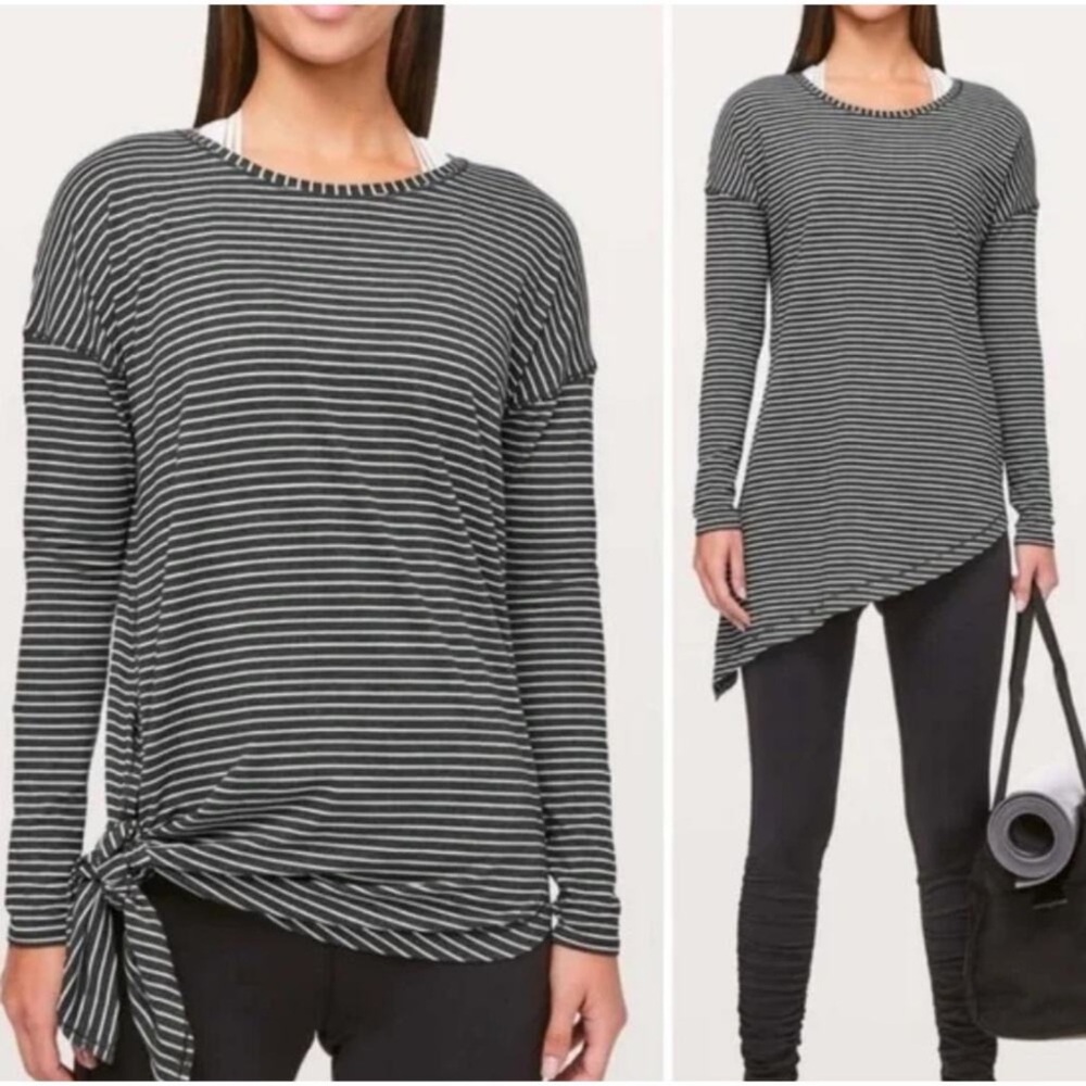 Lululemon To The Point Yoga Womens Gray Stripe Long Slv‎ Tie Asymmetrical small